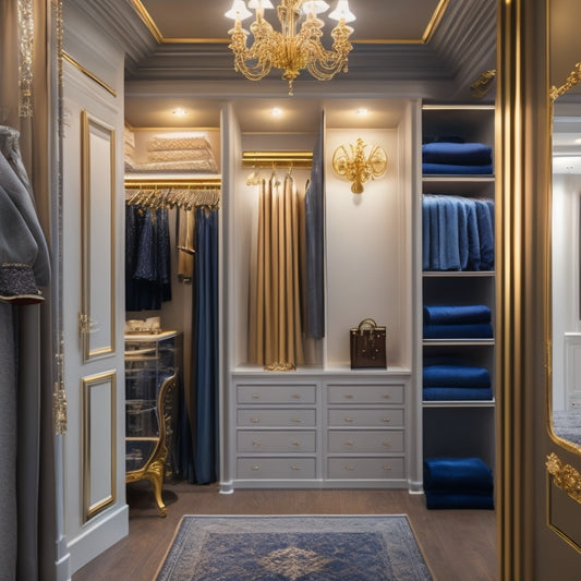 A serene, luxurious closet with soft, warm lighting, featuring a floor-to-ceiling velvet curtain, ornate gold hardware, and a bespoke shelving system, showcasing a curated selection of high-end clothing and accessories.