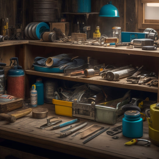 A cluttered toolbox spills onto a workbench, surrounded by DIY projects in progress, including a half-assembled bookshelf, a leaky faucet, and a roll of duct tape.