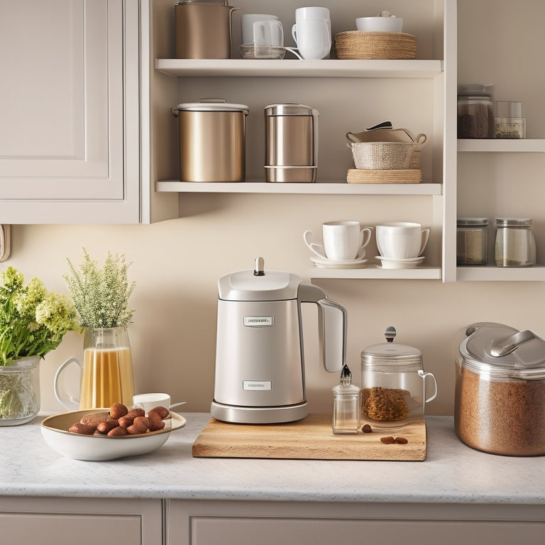 A clutter-free kitchen counter with a mounted utensil organizer, a pedestal sink, a wall-mounted spice rack, and a compact coffee maker, set against a light-colored background with warm lighting.