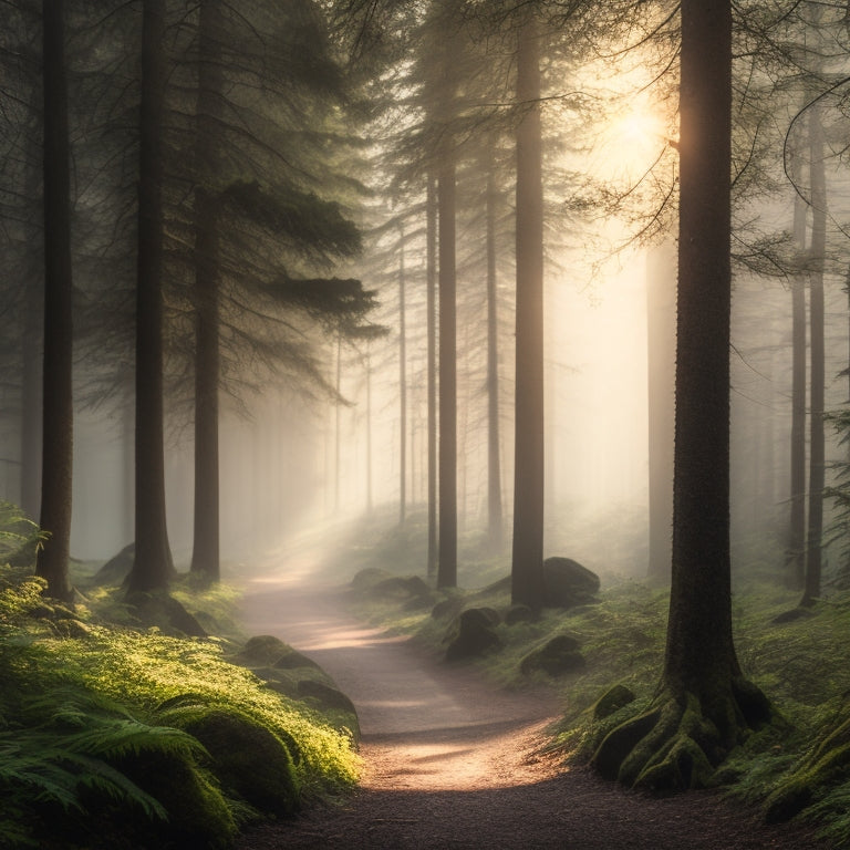 A serene, misty forest with a winding dirt path, surrounded by towering trees, their gnarled branches stretching towards the sky, with a faint, warm sunlight peeking through the canopy above.