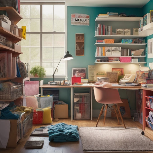 A cluttered college dorm room with scattered books, clothes, and papers, transformed into a tidy space with color-coded bins, labeled shelves, and a laptop open to a storage organization app on the screen.