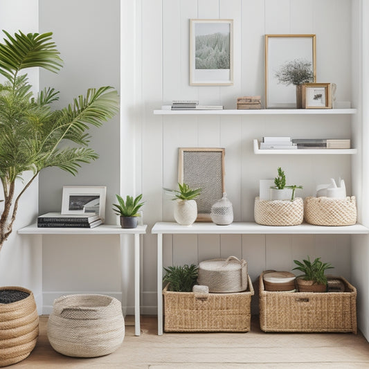 A minimalist white room with a corner shelf featuring stacked woven baskets, a few framed photos, and a small potted plant, surrounded by a tidy desk and a few neatly arranged books.