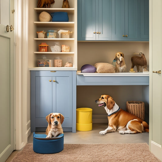 A modern, clutter-free pet room with a wall-mounted, slotted cabinet for pet food and toys, adjacent to a built-in, cushioned dog bed with storage drawers underneath.