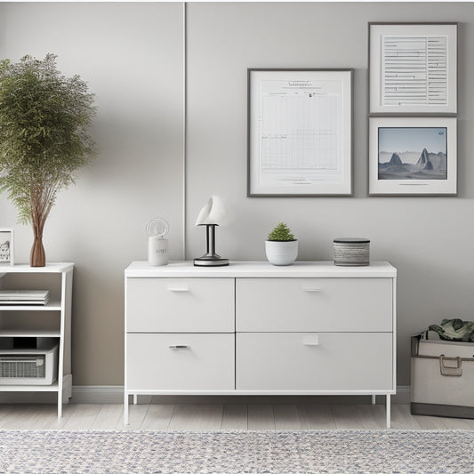 A minimalist illustration of a tidy living room with a few stylish storage bins, a labeled file cabinet, and a calendar on the wall, surrounded by subtle graphs and charts in the background.