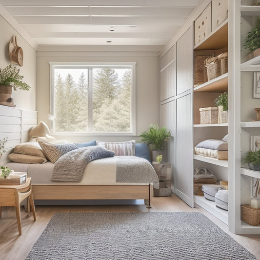 A clutter-free container home interior with a convertible Murphy bed, a slide-out storage drawer under the bed, and a pegboard with hanging baskets and bins, set against a calming natural background.