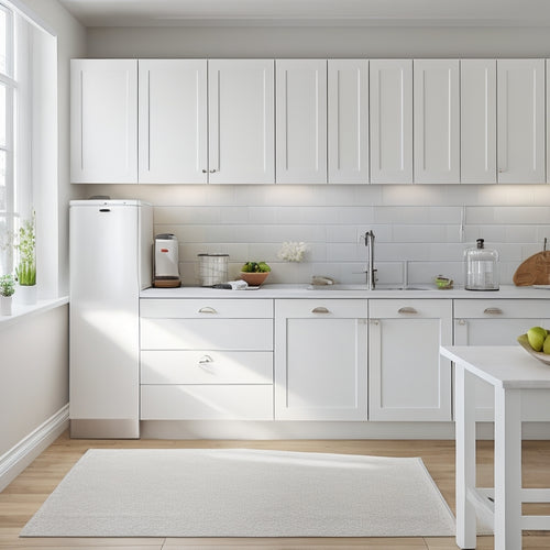 A modern, white kitchen with sleek, handle-free cabinets, a built-in utensil organizer, and a pull-out trash can, surrounded by minimalist decor and plenty of natural light.