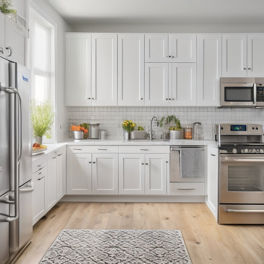 A bright, modern tiny kitchen with sleek white cabinets, stainless steel appliances, and a small island featuring a built-in spice rack, utensil holder, and a slide-out trash can.