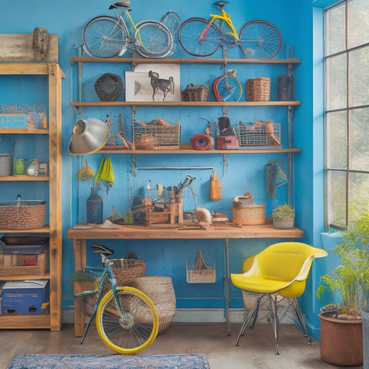 A colorful, clutter-free workspace with repurposed curb finds, including a vintage window transformed into a pegboard, an old ladder reimagined as a bookshelf, and a rusty bike wheel converted into a storage rack.