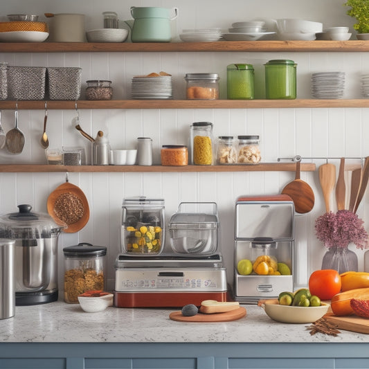 A cluttered kitchen countertop with appliances, utensils, and ingredients scattered around, contrasted with a clean and organized countertop featuring appliance-friendly countertop organizers, such as a utensil holder and a spice rack.