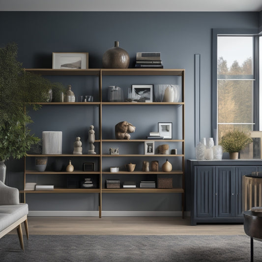 A modern living room with a wall-mounted shelving unit featuring 5 drawers in varying sizes, surrounded by decorative vases, books, and a few framed photos, with a minimalist background.