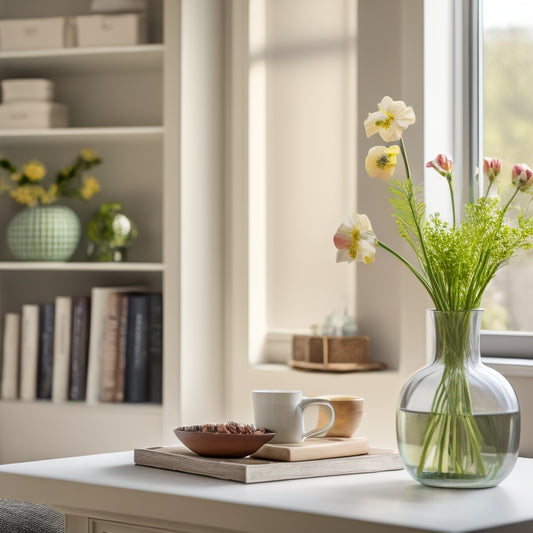 A serene and organized living room with a minimalist decor, featuring a tidy bookshelf, a vase with fresh flowers, and a large window with soft, natural light pouring in.