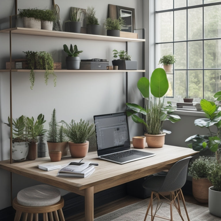 An organized and minimalist home office with a tidy desk, a few potted plants, and a laptop with an open digital planner on the screen, surrounded by empty shelves and a calm atmosphere.