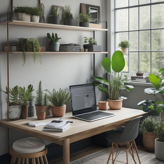 An organized and minimalist home office with a tidy desk, a few potted plants, and a laptop with an open digital planner on the screen, surrounded by empty shelves and a calm atmosphere.