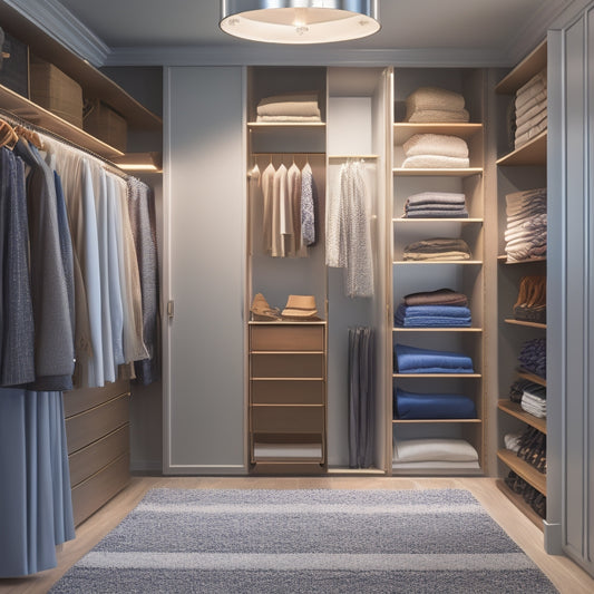 A serene, well-lit closet interior with a custom organizer system featuring adjustable shelves, soft-close drawers, and a clothing rod with evenly spaced, velvet-covered hangers.