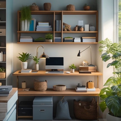 A tidy, well-lit, minimalist home office with a mix of shelves, baskets, and drawers, showcasing organized stationery, files, and office supplies, with a few decorative plants in the background.