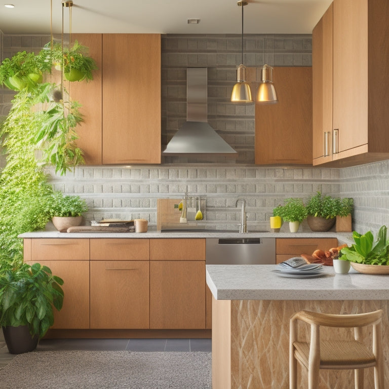 A bright, modern kitchen with a sleek, curved bar counter in a warm wood tone, backed by a geometric-patterned tile wall, surrounded by pendant lights and lush greenery.