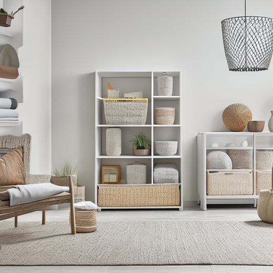 A serene, well-organized living room with a minimalist aesthetic: a few, carefully-placed woven baskets, a sleek shelving unit, and a few stacked, labeled plastic bins against a clean, white background.