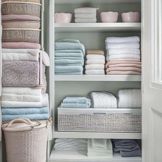 A neatly organized linen closet with white shelves, baskets, and bins from Dollar Tree, featuring folded towels, rolled blankets, and a few decorative accents in calming pastel hues.