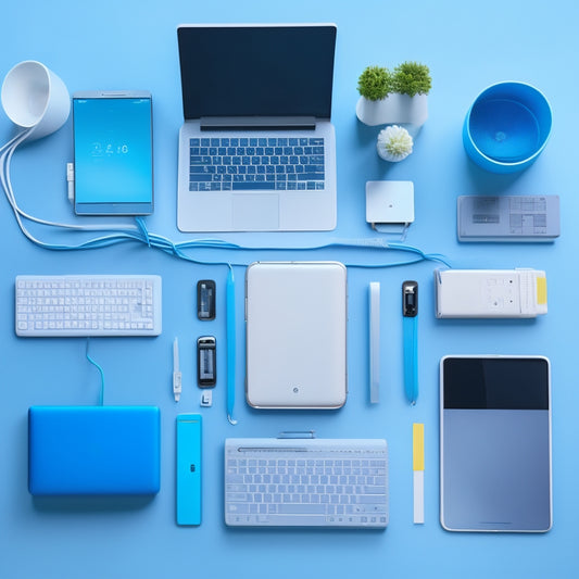 A tidy, minimalist desk with a laptop, a tablet, and a smartphone, surrounded by digital devices and cords organized in a sleek, modern cord organizer, set against a soft, pale blue background.