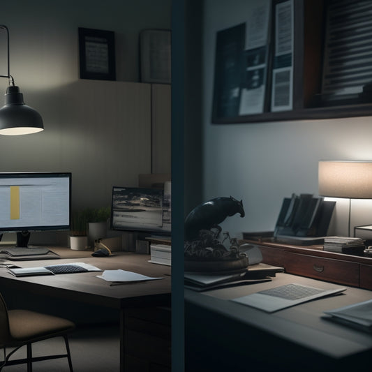 A split-screen image: a cluttered, dimly lit room with papers scattered on a desk and files stacked haphazardly, versus a sleek, minimalist digital dashboard with organized folders and glowing screens.