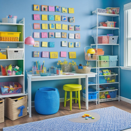 A colorful, clutter-free playroom with a labeled storage bin, a kid-sized art table, and a pegboard with hanging baskets, baskets, and jars filled with crayons, markers, and paints.