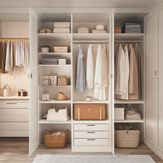 A serene, minimalist closet interior with a combination of hanging rods, shelves, and bins in a calming white and wood tone color scheme, showcasing organized clothing and accessories.