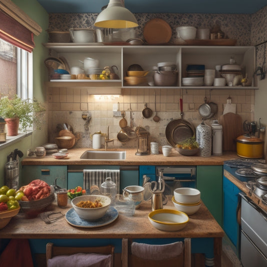 A cramped studio apartment kitchen with cluttered countertops, stacked dishes, and a sink full of utensils, surrounded by a narrow walkway and a messy dining table in the background.