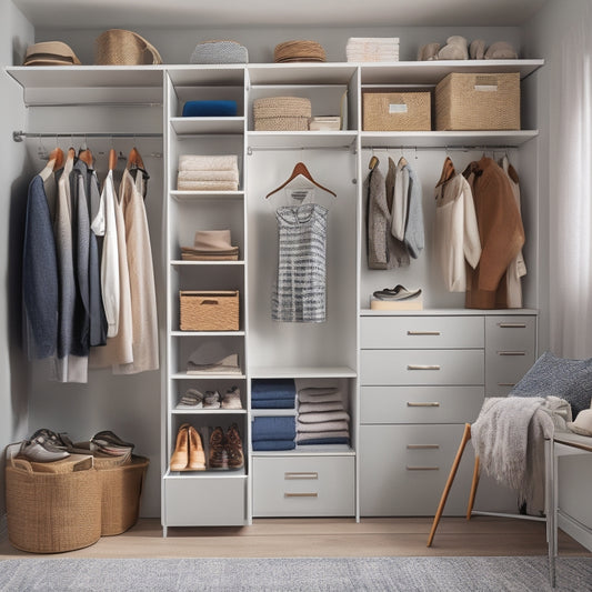 A tidy, well-lit small closet with a mix of shelves, drawers, and hanging rods, showcasing various storage bins, baskets, and hooks, with a few stylish shoes and garments neatly organized.
