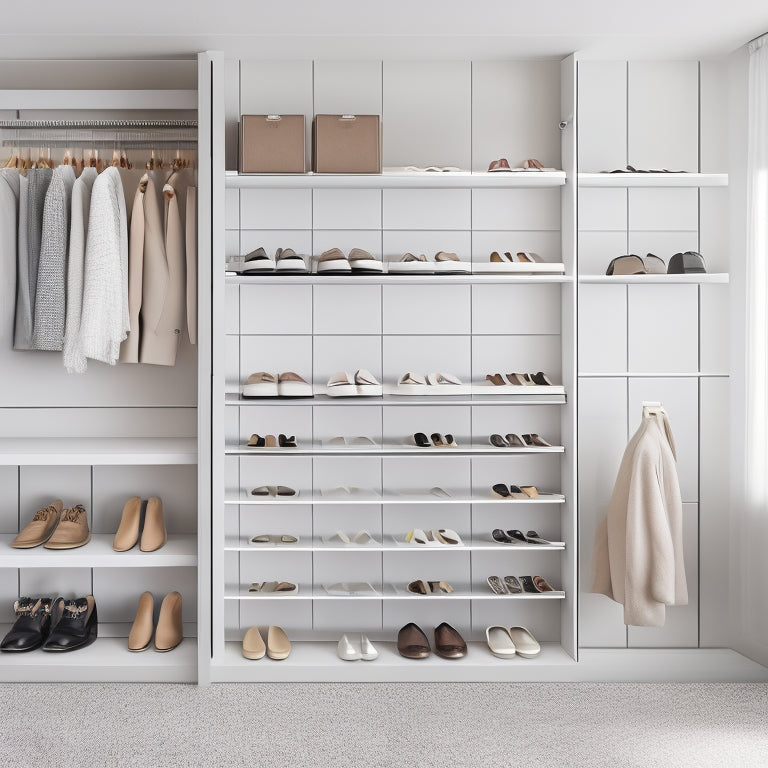 A minimalist, modern closet with sleek, wall-mounted shoe racks in a polished chrome finish, holding 10 pairs of shoes, surrounded by soft, neutral-colored walls and a light wood floor.