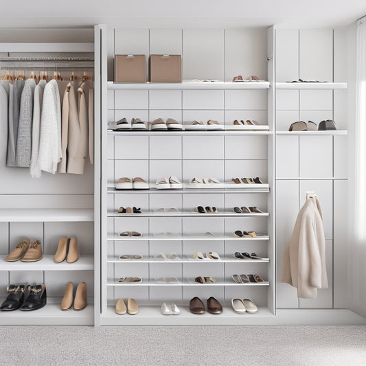 A minimalist, modern closet with sleek, wall-mounted shoe racks in a polished chrome finish, holding 10 pairs of shoes, surrounded by soft, neutral-colored walls and a light wood floor.