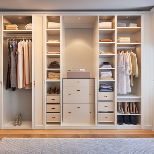 A serene, organized closet with soft, warm lighting, featuring custom storage solutions: sleek, white shelves with rounded edges, velvet-lined drawers, and a floor-to-ceiling, sliding glass door wardrobe.