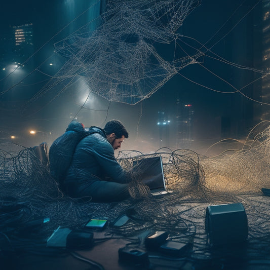 A person trapped in a spider's web made of computer cords and wires, surrounded by shattered smartphones and laptops, with a subtle cityscape background and a faint glow of freedom in the distance.