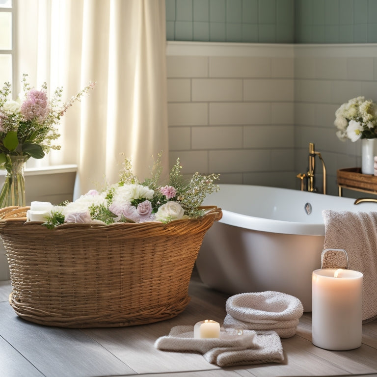 A serene bathroom scene featuring a freestanding tub adorned with fresh flowers, surrounded by soft, white candles and a woven wicker basket holding a bouquet of pastel-hued blooms.