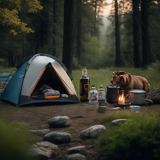 A serene outdoor scene with a compact camping setup: a small, pop-up tent, a portable camping stove, and a waterproof storage bin, surrounded by lush greenery and a few hiking gear scattered around.