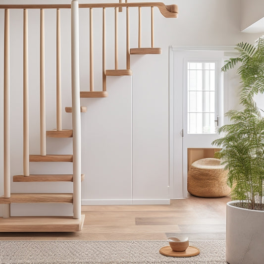 An interior design scene featuring a modern staircase with sleek rope railings in a natural jute tone, paired with polished oak treads and a minimalist pendant light, set against a crisp white backdrop.