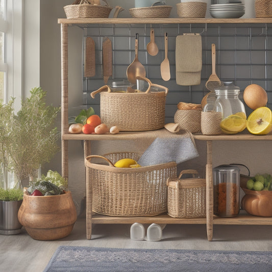 A stylized kitchen countertop with a mix of modern and rustic elements, featuring a utensil organizer with neatly arranged kitchen tools, a tiered spice rack, and a woven basket storing fresh produce.