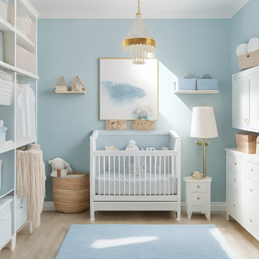 A serene baby nursery with a revamped closet featuring soft, creamy white shelves, pastel-hued bins, and a delicate, golden mobile suspended from the ceiling amidst a calming, pale blue backdrop.