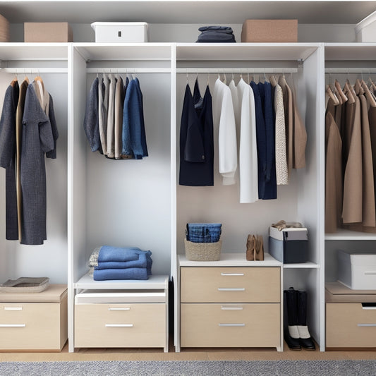 A minimalistic, modern closet interior with sleek shelves and a clothing rack, featuring a tablet with an open digital closet organizer app, surrounded by neatly folded clothes and storage bins.