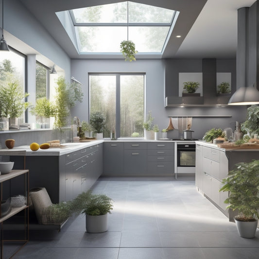 Generate an image of a modern kitchen with sleek, handle-less cabinets in a soothing gray tone, illuminated by a large skylight, featuring a central island with a built-in cooktop and a few potted plants.