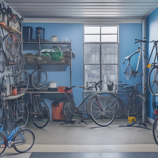 A cluttered garage with bicycles scattered around, followed by the same garage with bicycles organized on wall-mounted hooks, ceiling-mounted racks, and floor-standing bike stands, with ample empty space.