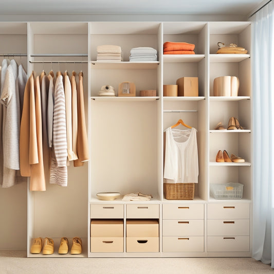A tidy, minimalist closet with a mix of open shelves, stackable plastic bins, and hanging rods, set against a soft, creamy white background, with natural light pouring in from the left.