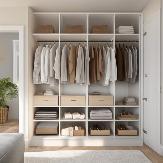 A serene, minimalist closet interior with soft, natural light, featuring a mix of open shelving and closed storage units in a calming white and wood tone color scheme.