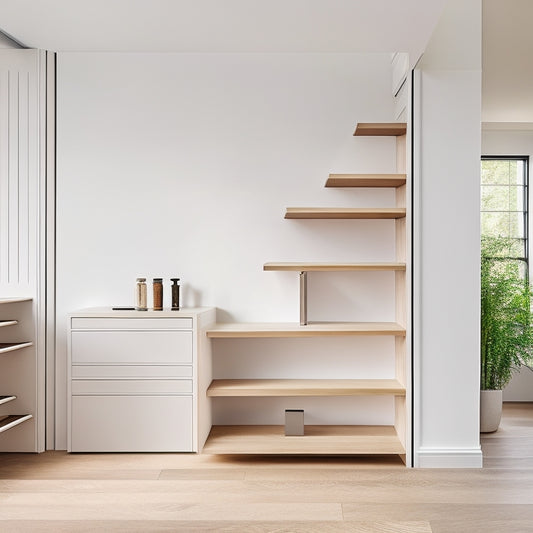 A minimalist staircase with sleek, modern railings, transformed into a storage haven with built-in shelves, drawers, and a hidden compartment beneath the steps, all in a soothing white and wood tone color scheme.