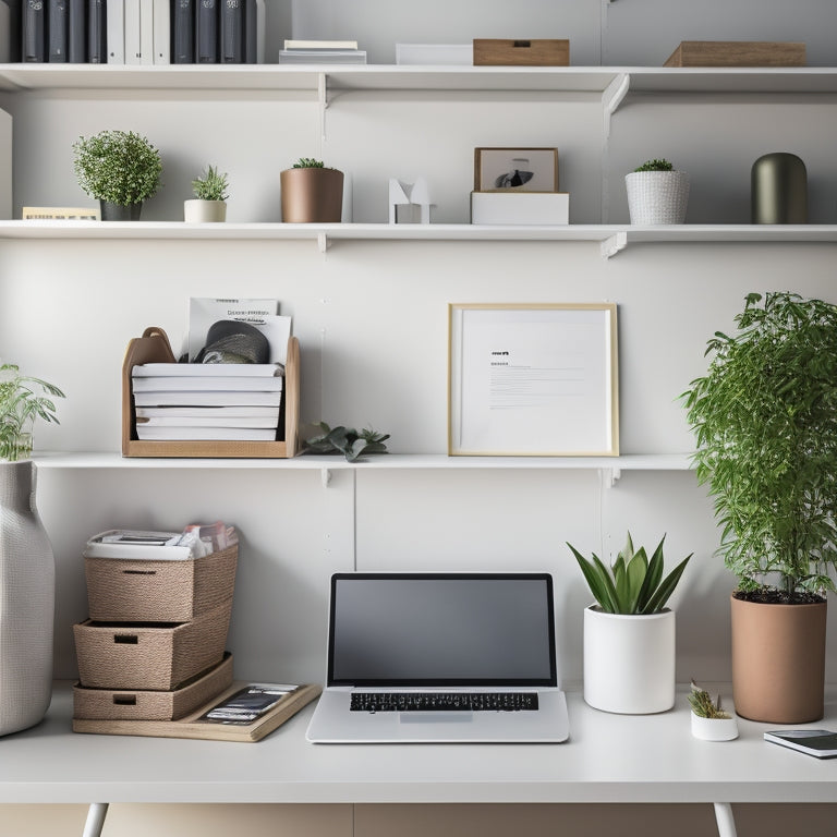 A clean and minimalist desk with a laptop, a planner, and a set of labeled folders, surrounded by a few perfectly organized shelves with storage bins and a small, potted plant.