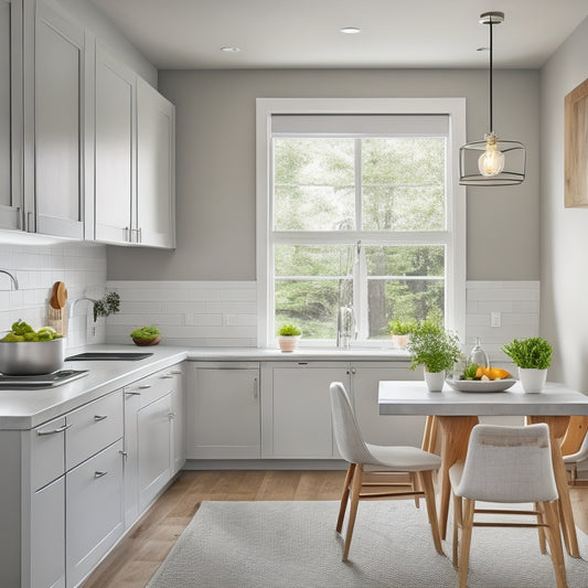 A bright, modern small kitchen with white cabinets, gray countertops, and stainless steel appliances, featuring a large window, a pendant light, and a wooden dining table with two chairs.