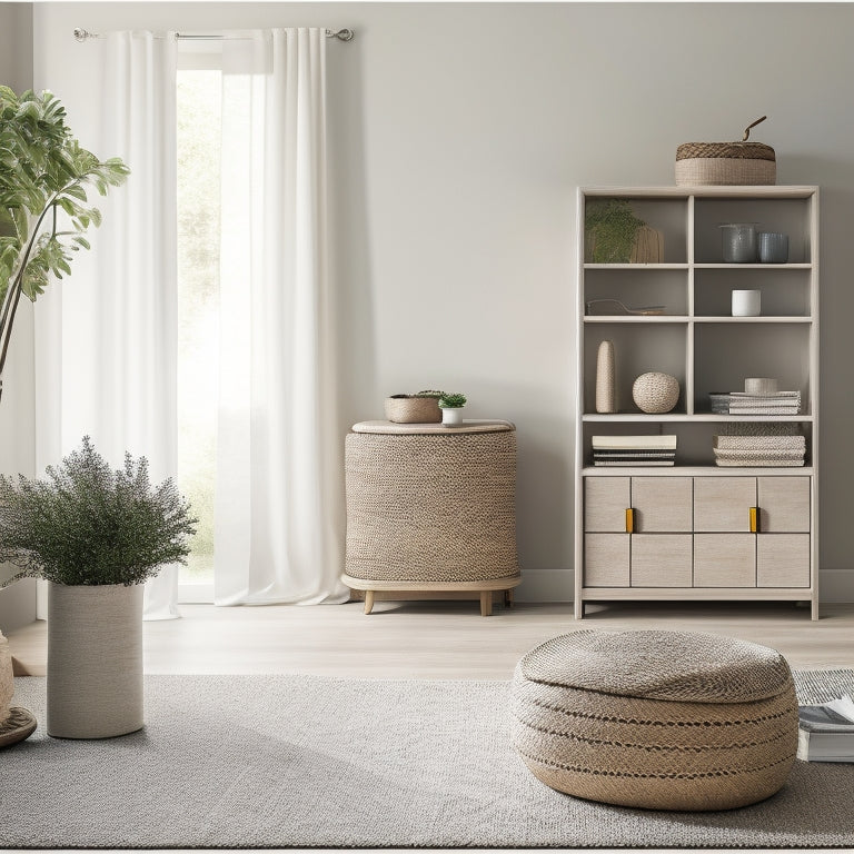 A serene, minimalist living room with a few, carefully selected decorative items, featuring a compact storage ottoman, a wall-mounted shelf with woven baskets, and a slim, sliding door cabinet.