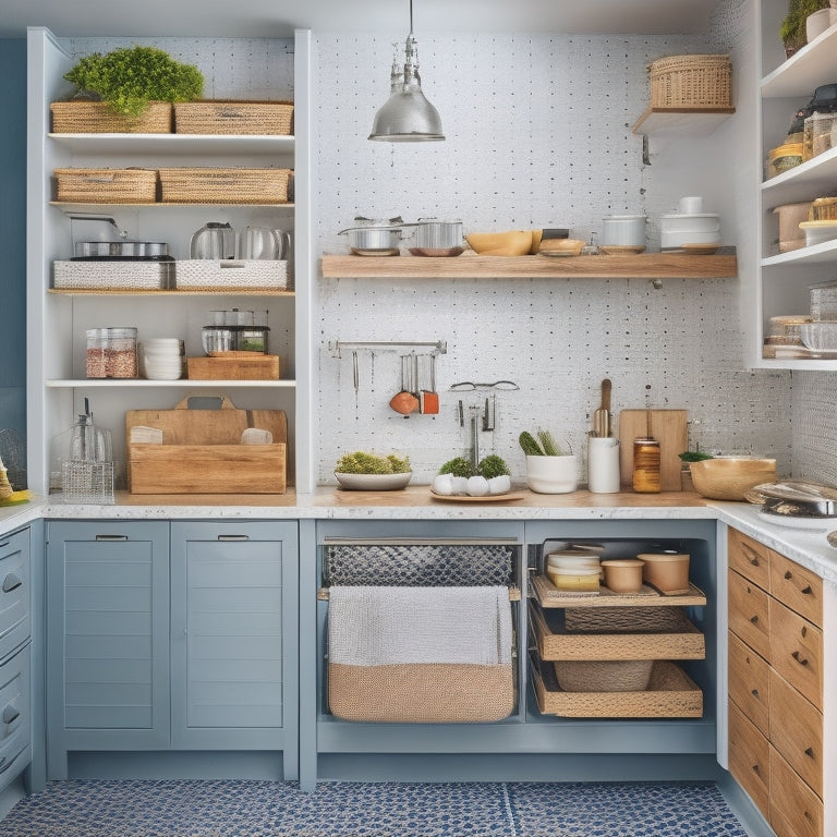 A clutter-free small kitchen with a wall-mounted pegboard, a retrofitted cabinet with pull-out drawers, and a compact cart with baskets, showcasing organized cookware, utensils, and spices.