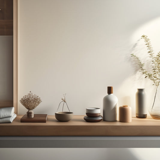 A serene, minimalist room with a few, carefully selected items on a shelf, surrounded by empty space, and a subtle Japanese-inspired background with a hint of natural light.