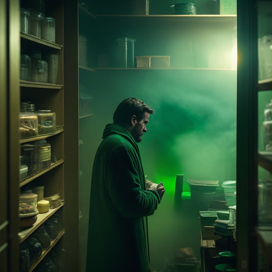 A person in a cramped, dimly lit closet, surrounded by shelves and rods, clutching their head in discomfort, with a faint, eerie green haze and faint wood particles suspended in the air.