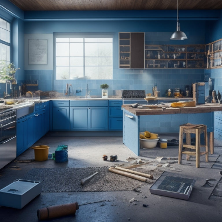 A modern kitchen with torn-out cabinets, exposed pipes, and a sledgehammer lying on the floor, surrounded by blueprints, calculators, and scattered construction materials.